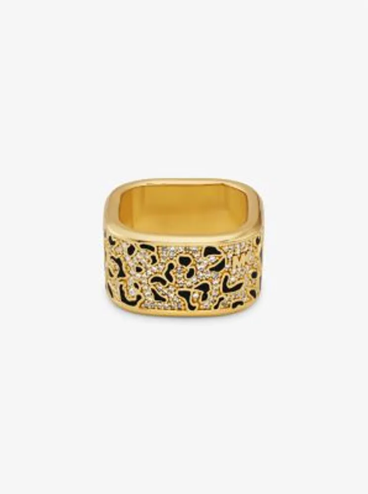 Precious Metal-Plated Brass and Enamel Leopard Pavé Ring