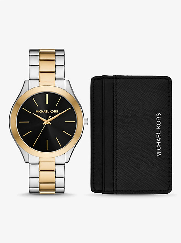 Oversized Aspyn Two-Tone Watch and Leather Card Case Gift Set