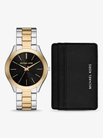 Oversized Aspyn Two-Tone Watch and Leather Card Case Gift Set