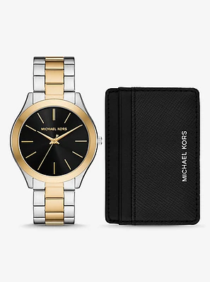 Oversized Aspyn Two-Tone Watch and Leather Card Case Gift Set