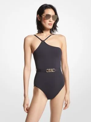 Stretch Nylon Belted One-Shoulder Swimsuit