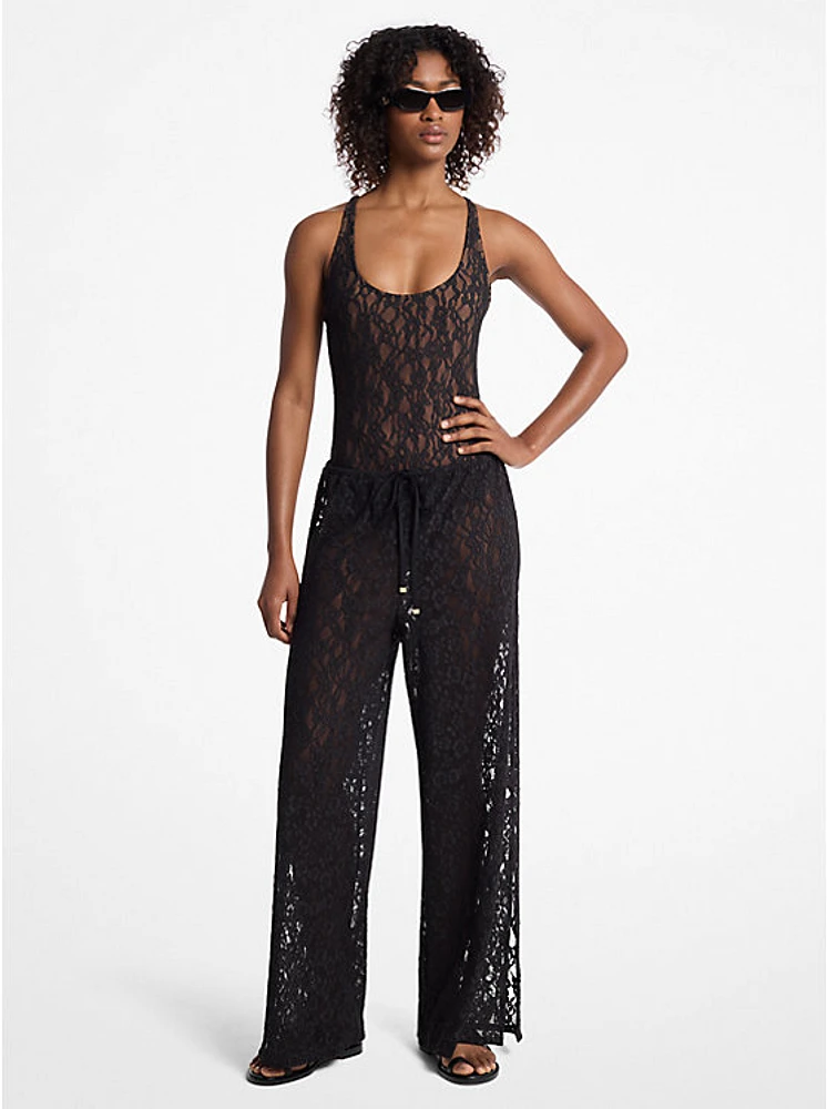 Floral Lace Stretch Nylon Drawstring Pants