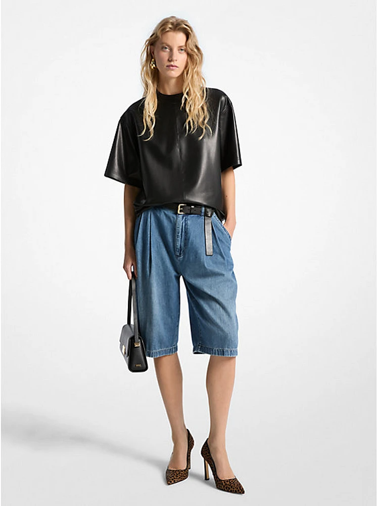 Pleated Bermuda Denim Shorts