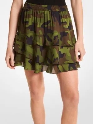 Camouflage Silk Georgette Ruffled Skirt