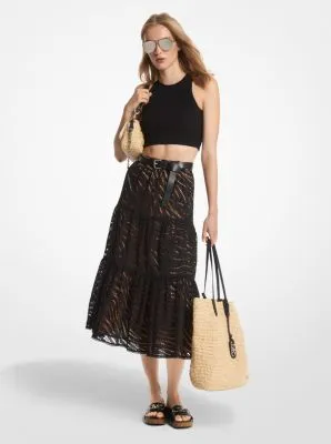 Zebra Eyelet Cotton Tiered Midi Skirt