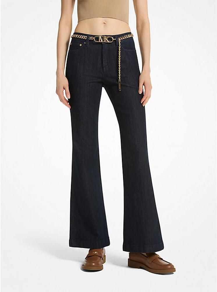 Stretch Denim Belted Flared Jeans