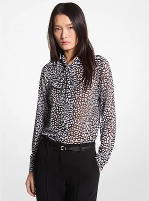 Graphic Leopard Print Georgette Tie-Neck Blouse