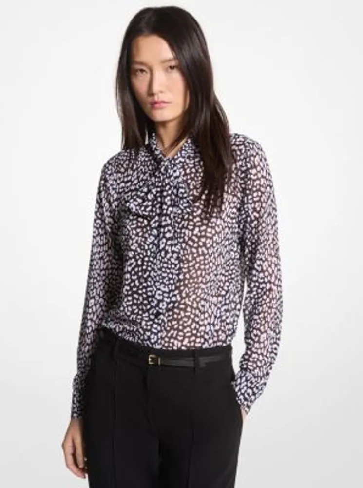 Graphic Leopard Print Georgette Tie-Neck Blouse