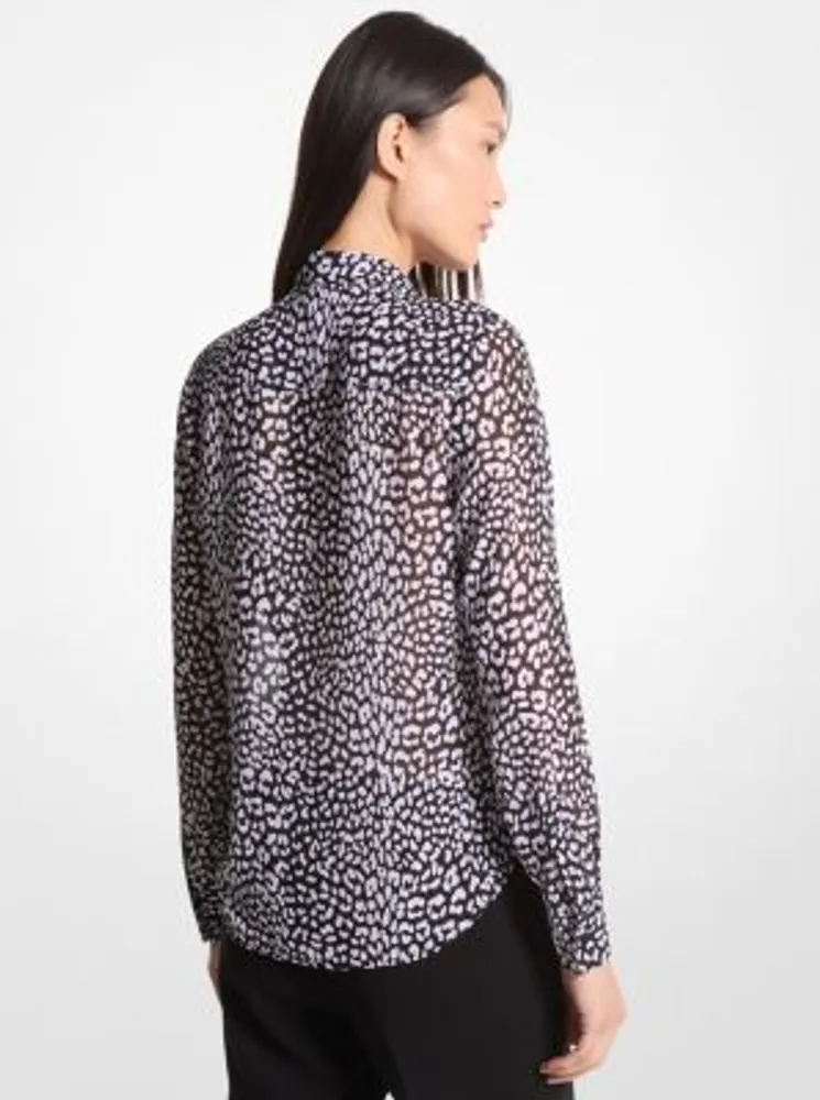 Graphic Leopard Print Georgette Tie-Neck Blouse