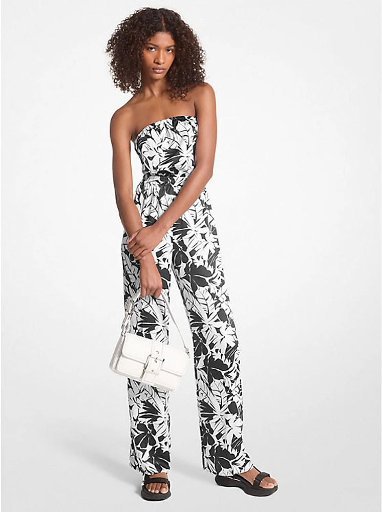 Palm Print Satin Tie-Back Jumpsuit