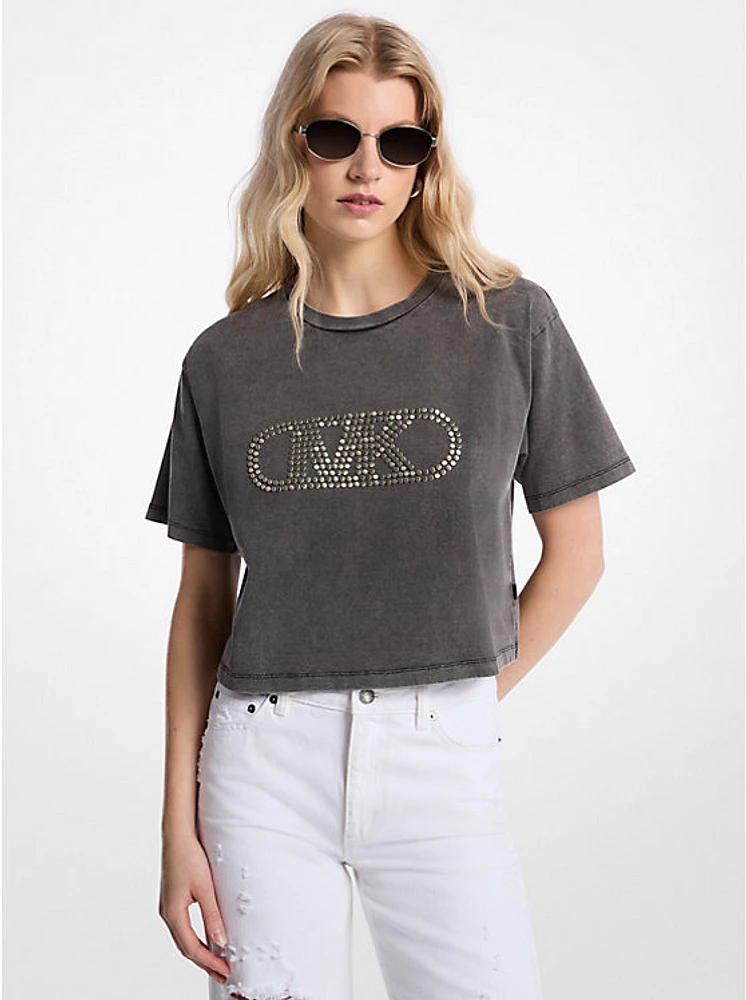 Studded Garment-Dyed Cotton Cropped T-Shirt