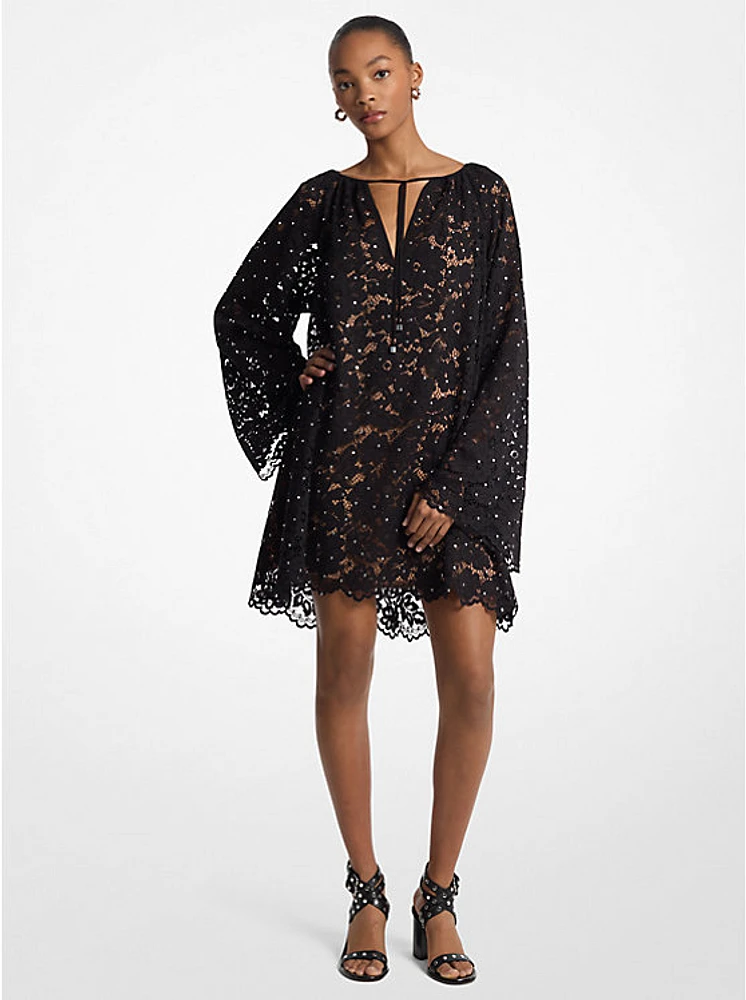 Studded Corded Floral Lace V-Neck Dress