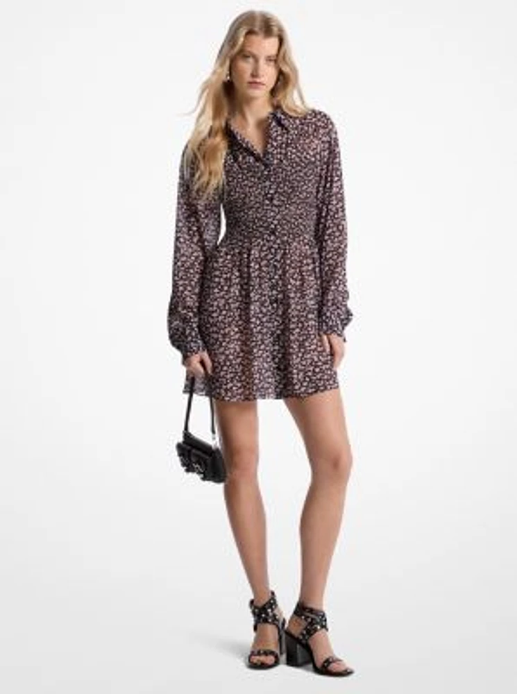 Floral Print Georgette Smocked Shirtdress