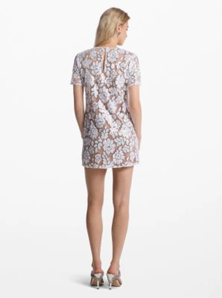 Sequined Floral Mesh T-Shirt Dress