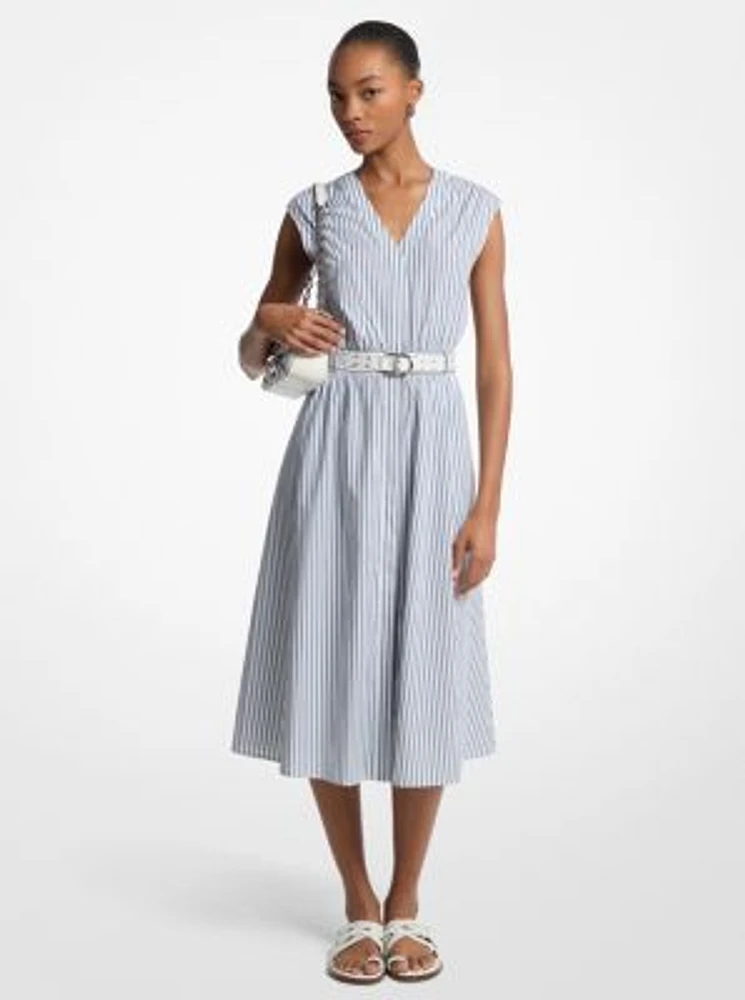 Striped Cotton Poplin Belted Midi Dress