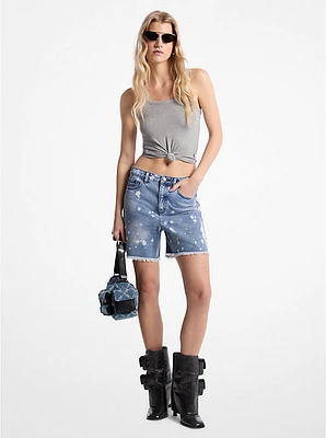 Hand-Splattered Bleach Denim Boyfriend Shorts
