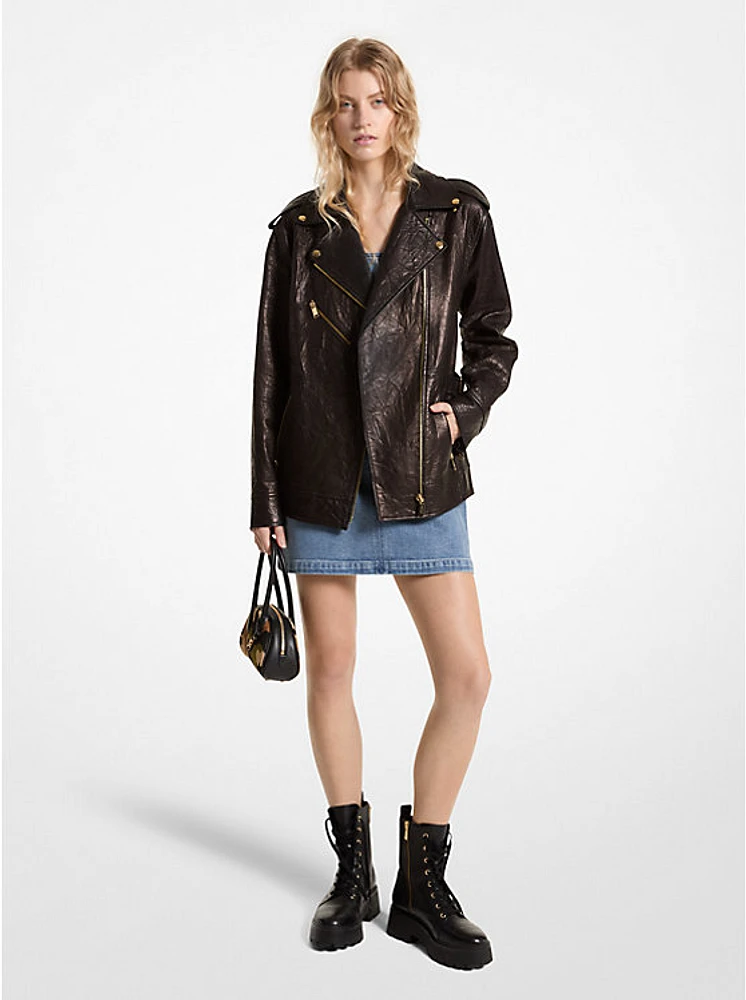 Oversized Crinkled Leather Moto Jacket