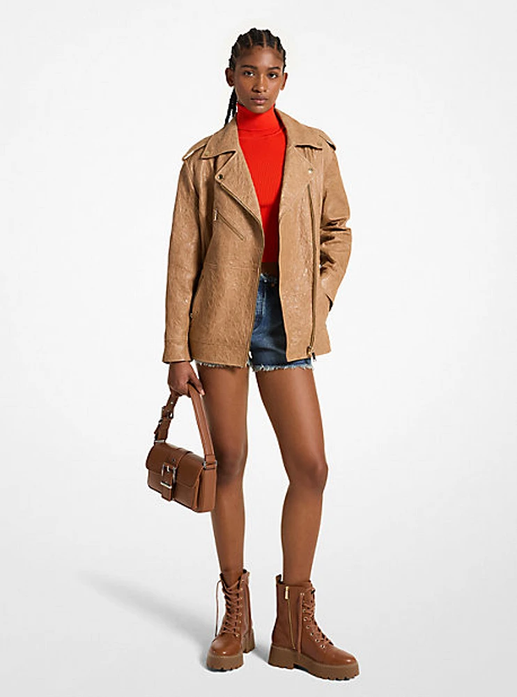 Oversized Crinkled Leather Moto Jacket