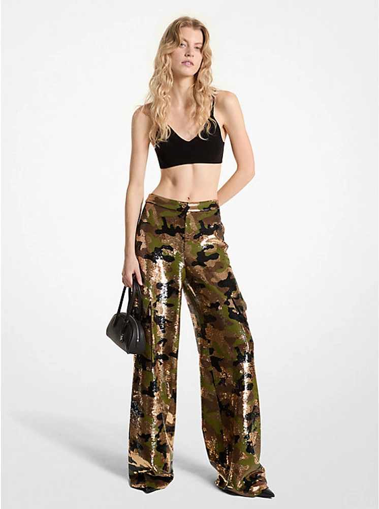 Sequined Camouflage Wide-Leg Cargo Pants