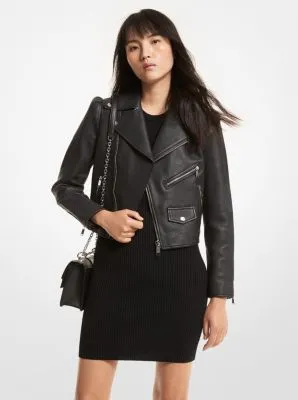 Pebbled Leather Puff-Sleeve Moto Jacket