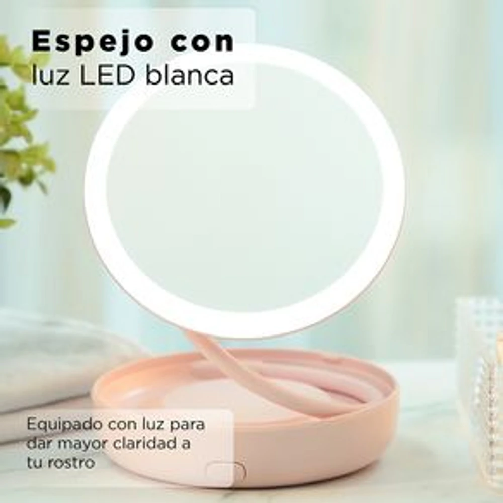 Espejo De Maquillaje 360° Luz Led Rosa