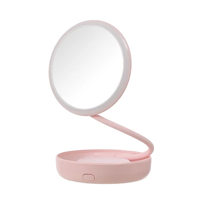 Espejo De Maquillaje 360° Luz Led Rosa
