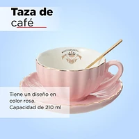 Taza Con Plato Y Cuchara Cerámica Rosa 210 ml