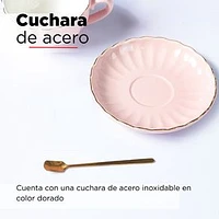 Taza Con Plato Y Cuchara Cerámica Rosa 210 ml