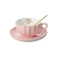 Taza Con Plato Y Cuchara Cerámica Rosa 210 ml