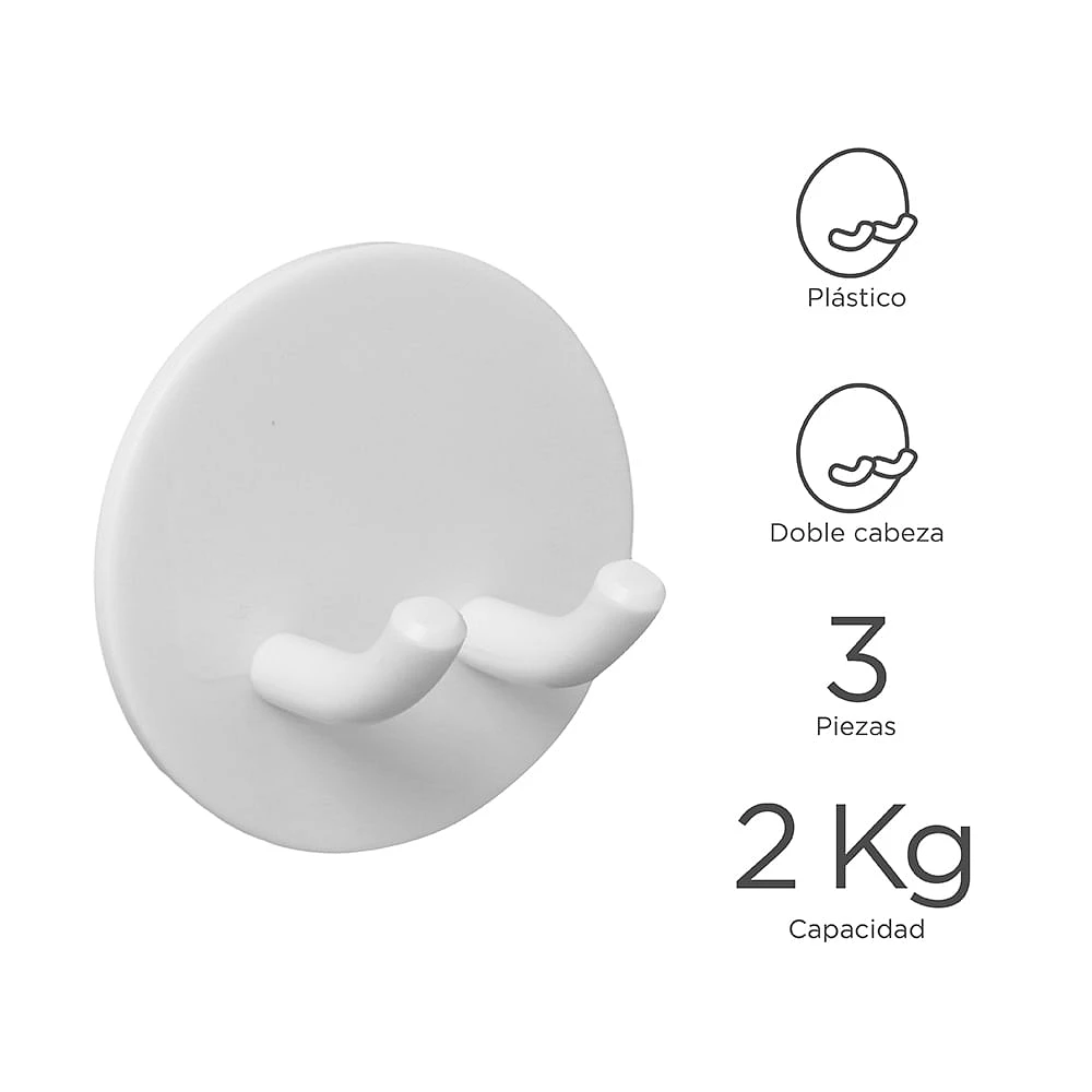 Set De Ganchos Dobles Adheribles Plástico Blancos 5 cm 2 kg 3 Piezas