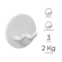 Set De Ganchos Dobles Adheribles Plástico Blancos 5 cm 2 kg 3 Piezas