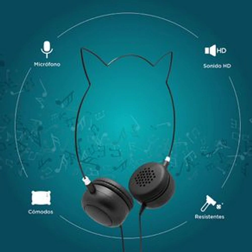 Audífonos De Diadema Con Cable Diseño Con Orejas De Gato Negros