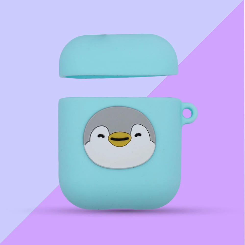 Funda Protectora Para AirPods De Pingüino Sr. Miniso Silicona Azul 6.5x5 cm