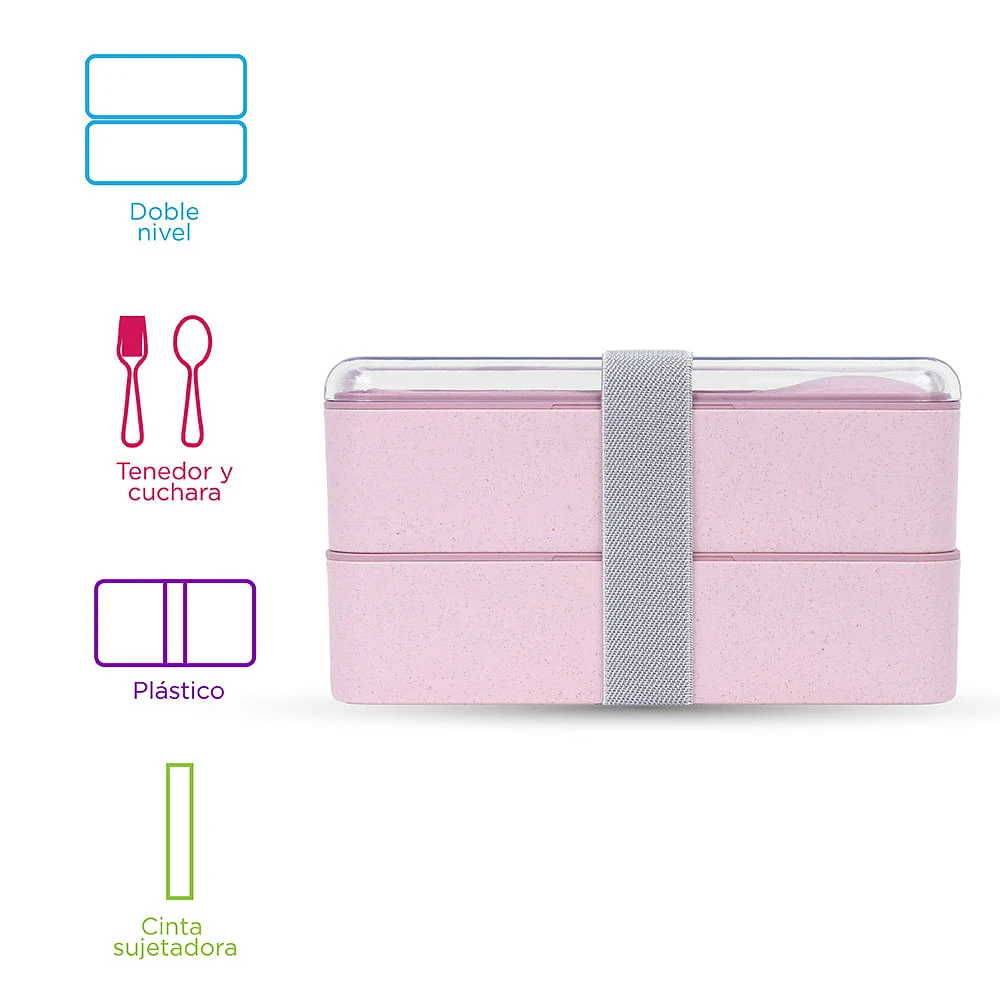 Contenedor De Alimentos Doble Capa 2 Niveles Plástico Rosa 18.1x10x10.2 cm 1000 ml