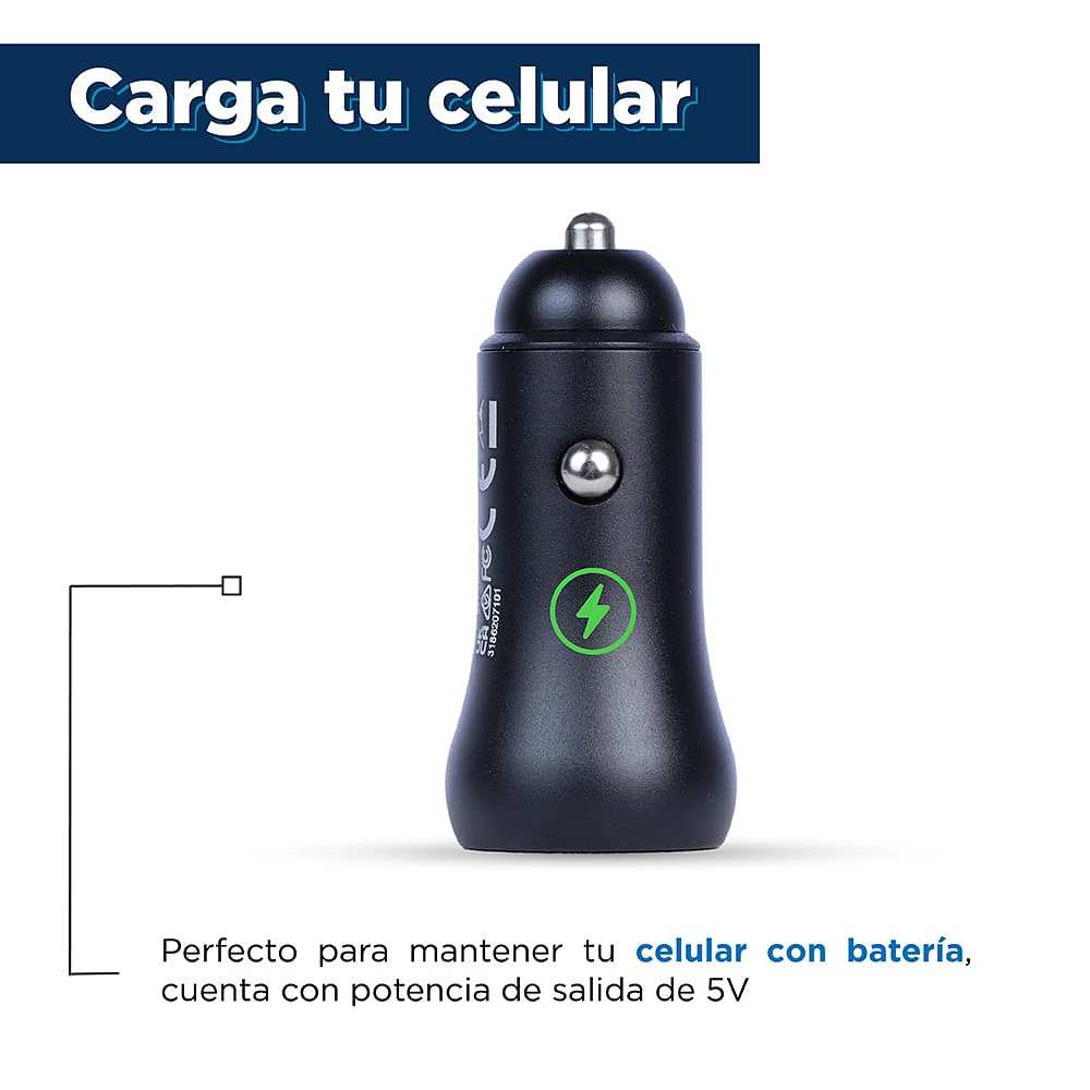 Cargador De Auto Para Celular Con 2 Puertos USB Y Tipo C Negro 2.5x5 cm