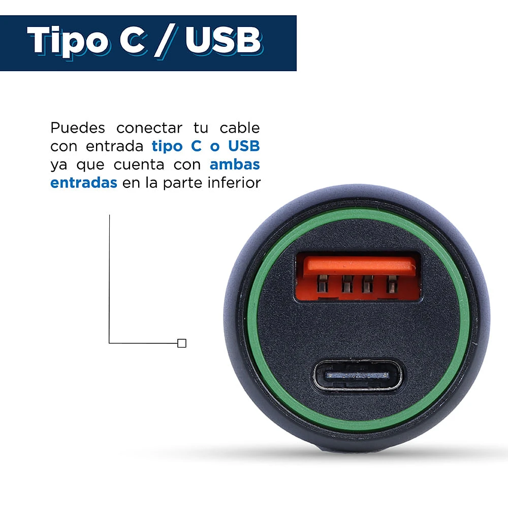 Cargador De Auto Para Celular Con 2 Puertos USB Y Tipo C Negro 2.5x5 cm