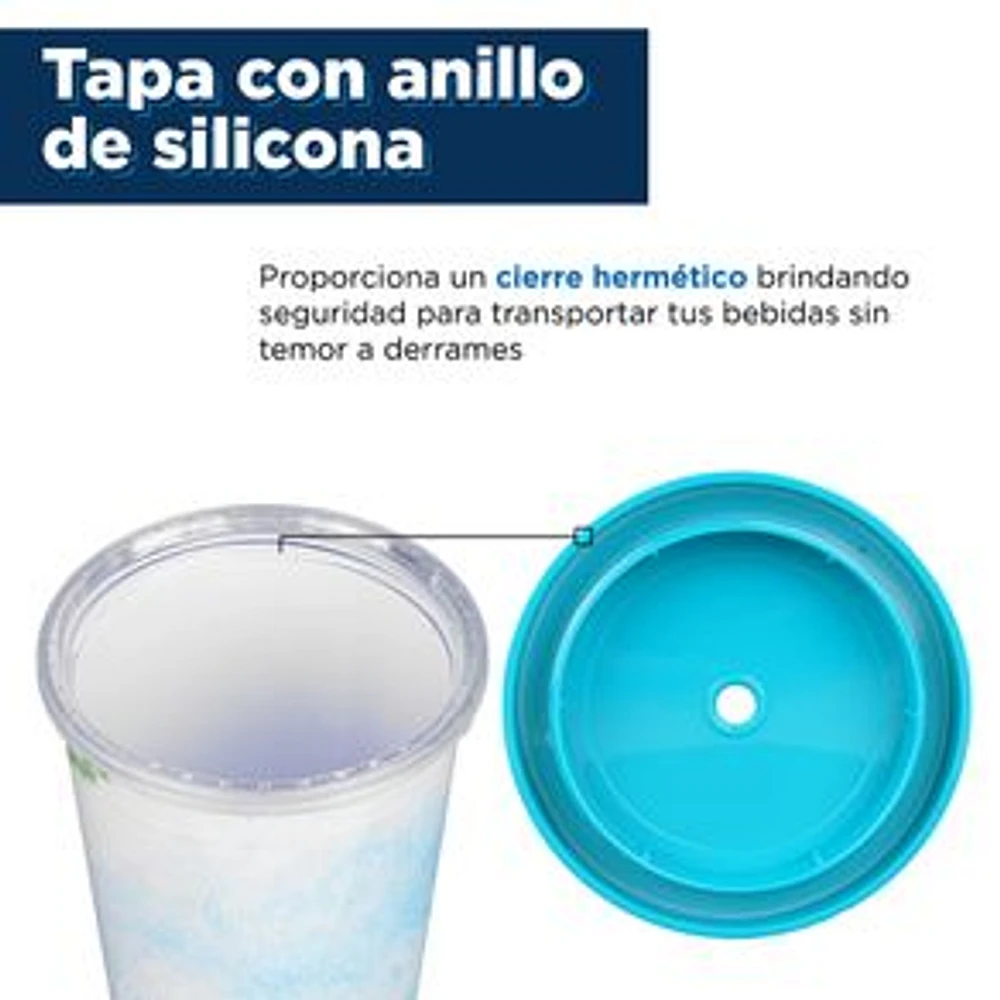 Vaso Con Tapa Y Popote Doble Capa Plástico Azul 720 ml