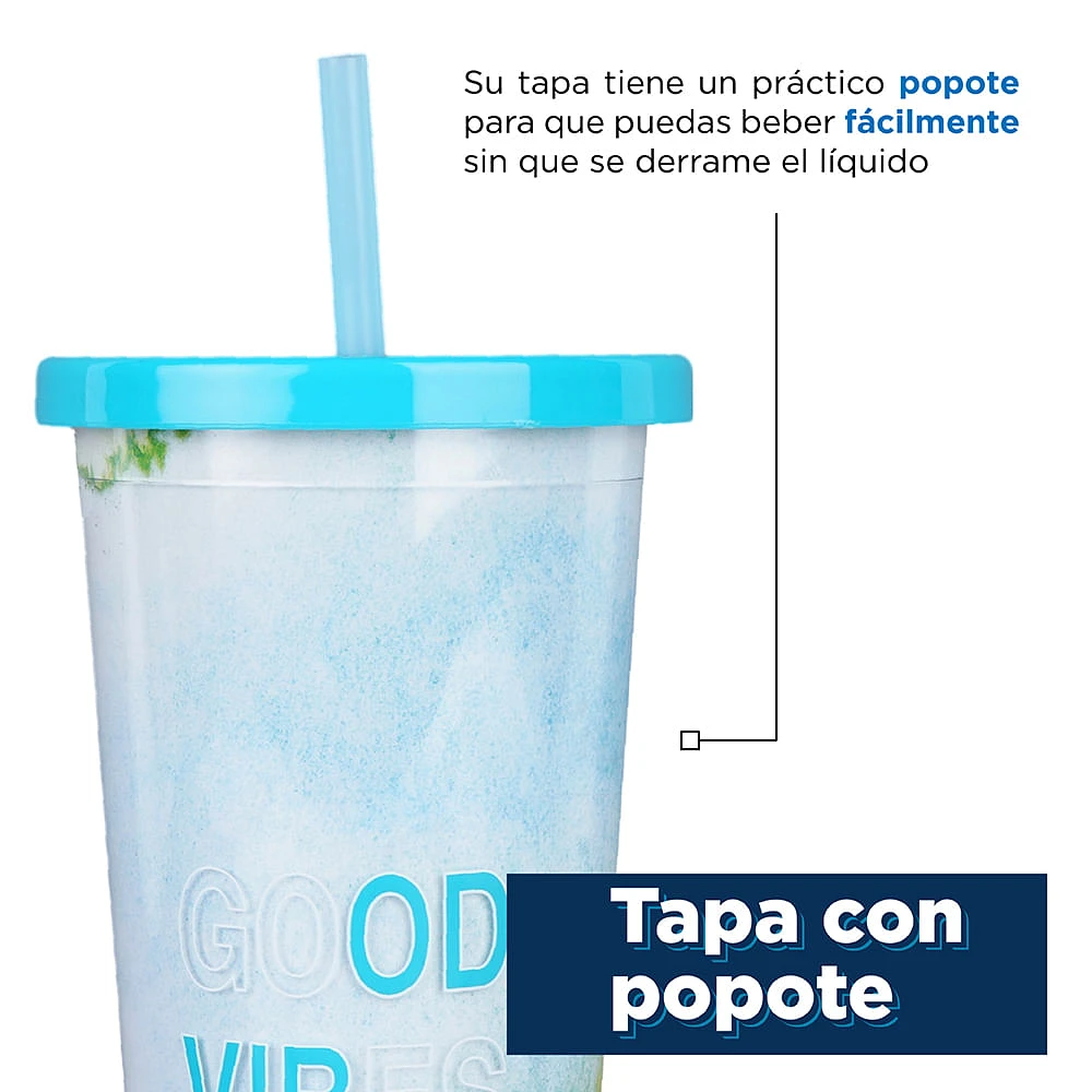 Vaso Con Tapa Y Popote Doble Capa Plástico Azul 720 ml