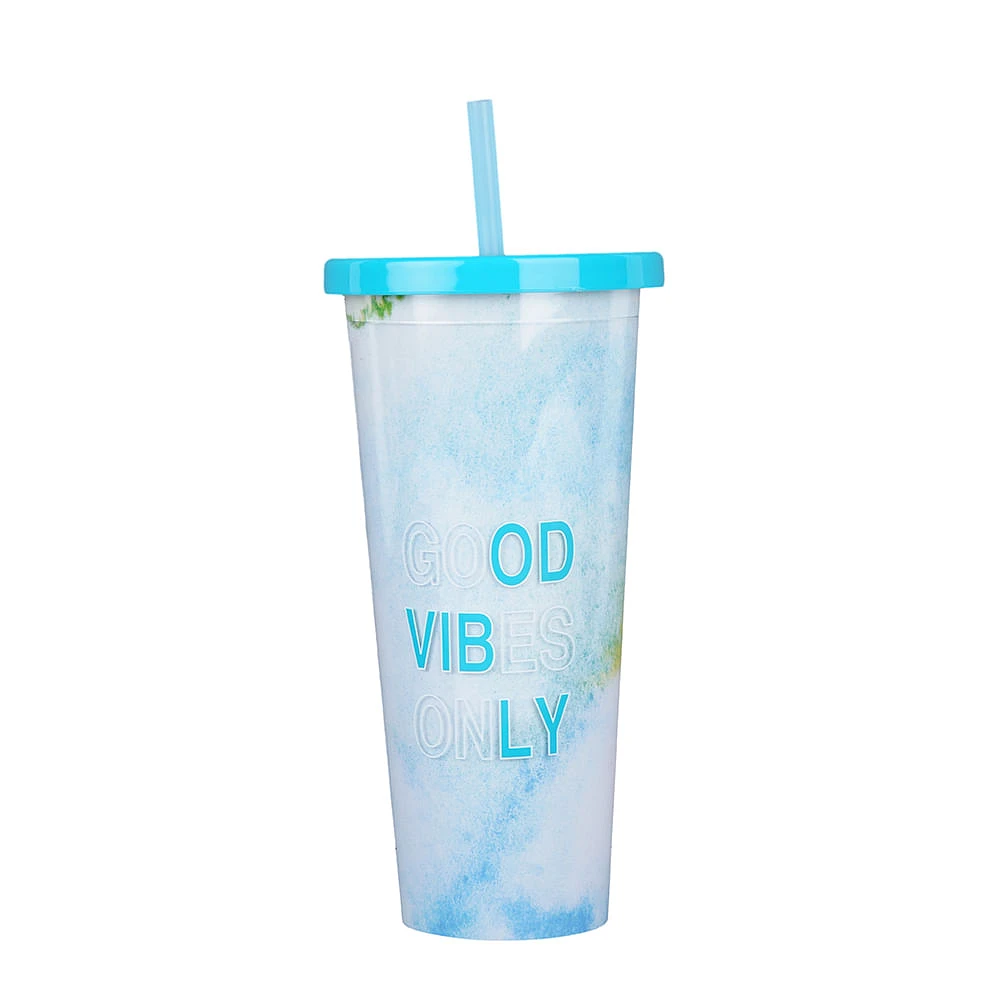 Vaso Con Tapa Y Popote Doble Capa Plástico Azul 720 ml