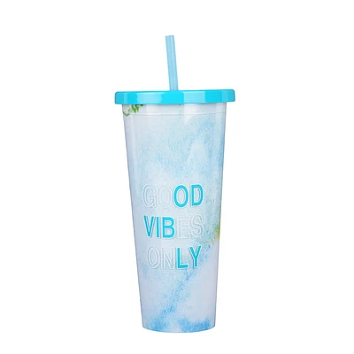 Vaso Con Tapa Y Popote Doble Capa Plástico Azul 720 ml