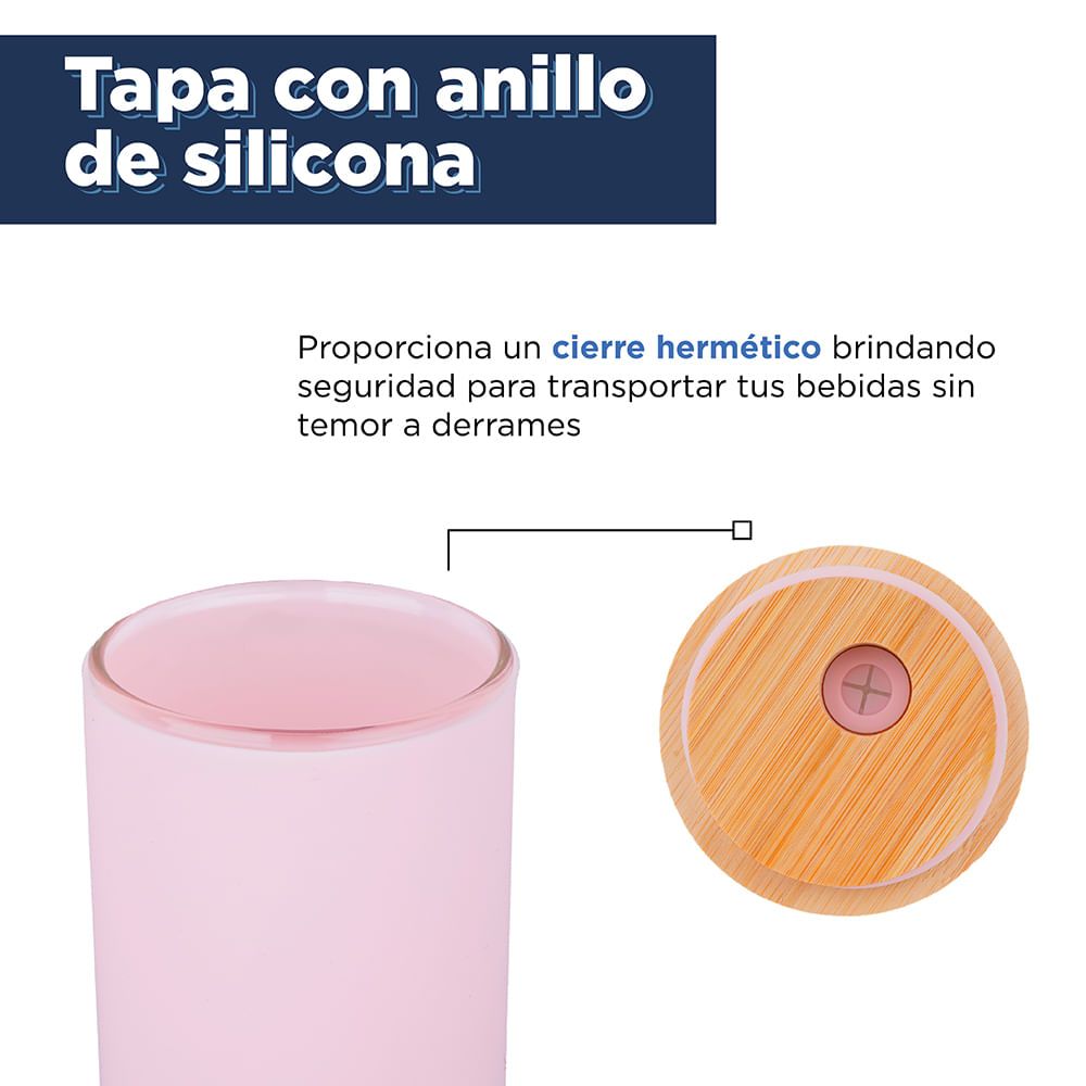 Vaso De Vidrio Con Tapa Y Popote Siliconaen Rosa 2pza 470ml