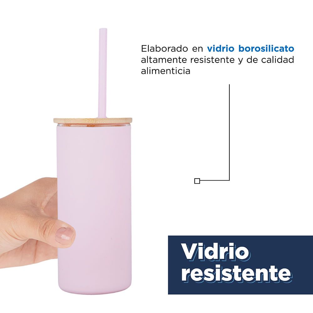 Vaso De Vidrio Con Tapa Y Popote Siliconaen Rosa 2pza 470ml