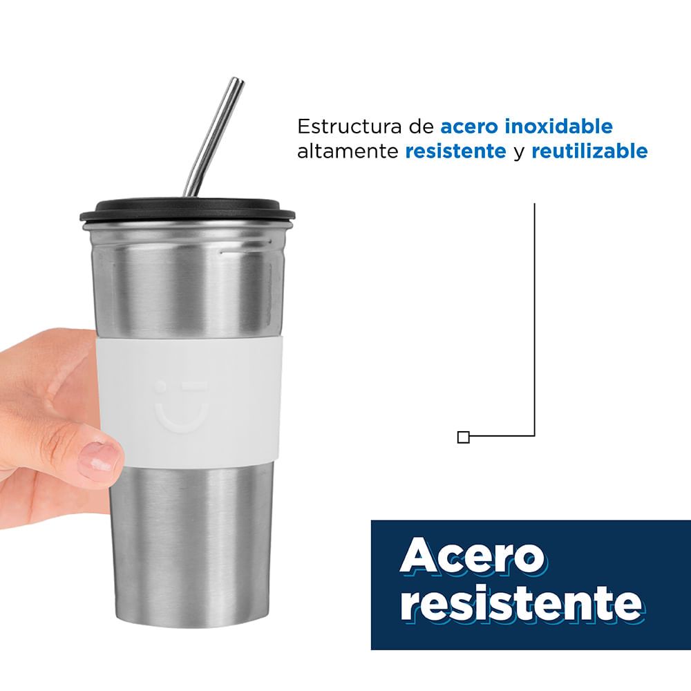 Vaso INOX con tapa y popote 500 ml