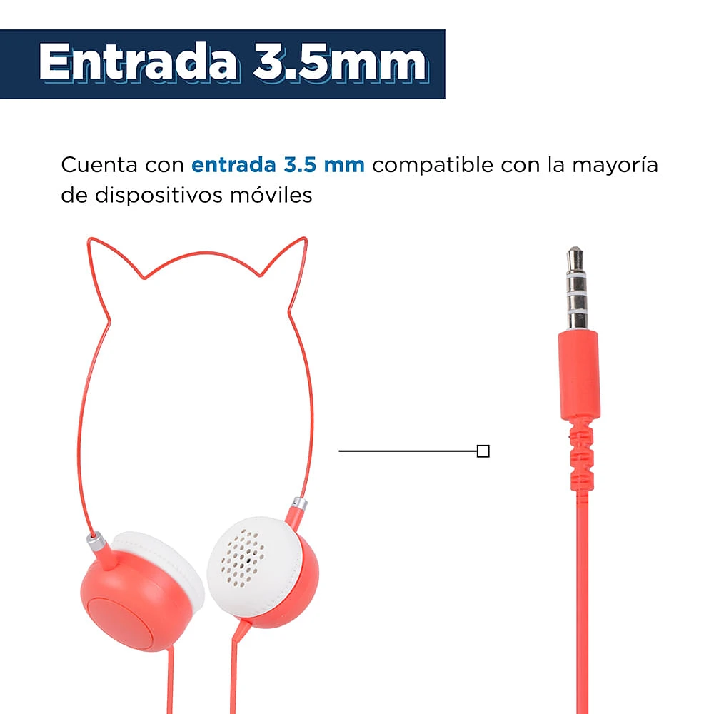 Audífonos De Diadema Con Cable Diseño Con Orejas De Gato Coral