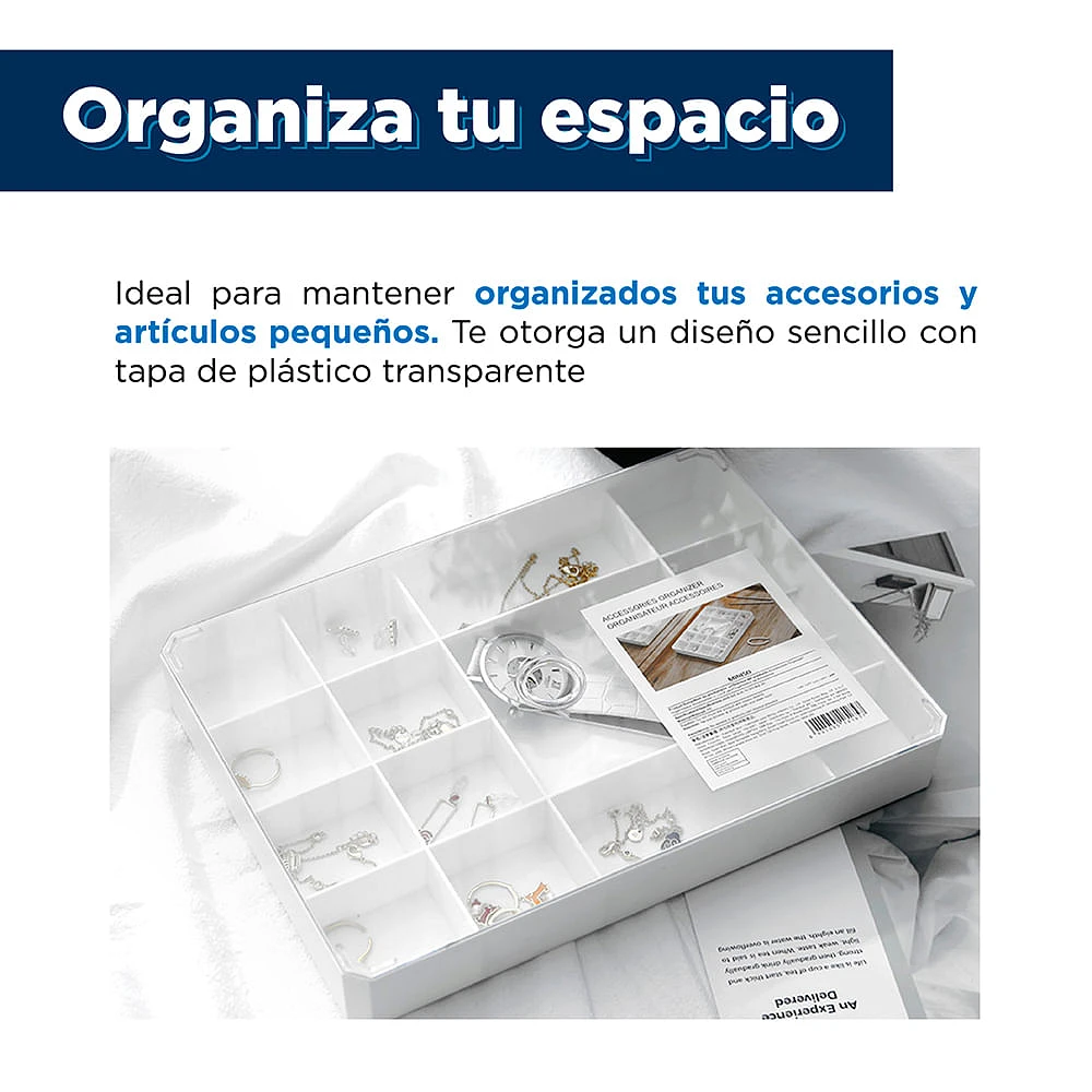 Organizador Delgado Multidivisión con Tapa Transparente Plástico Blanco 26x9.8x5.8 cm