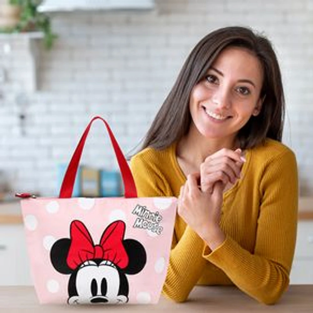 Lonchera Disney Minnie Mouse Tipo Tote Con Lunares Y Rostro Rosa 11X21X31cm