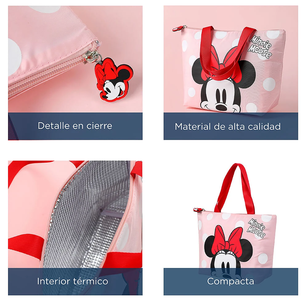 Lonchera Disney Minnie Mouse Tipo Tote Con Lunares Y Rostro Rosa 11X21X31cm