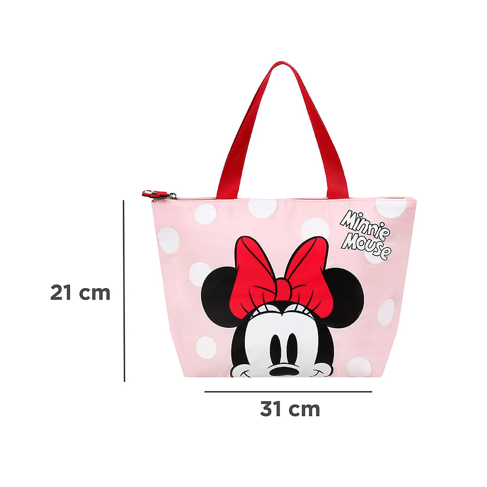 Lonchera Disney Minnie Mouse Tipo Tote Con Lunares Y Rostro Rosa 11X21X31cm