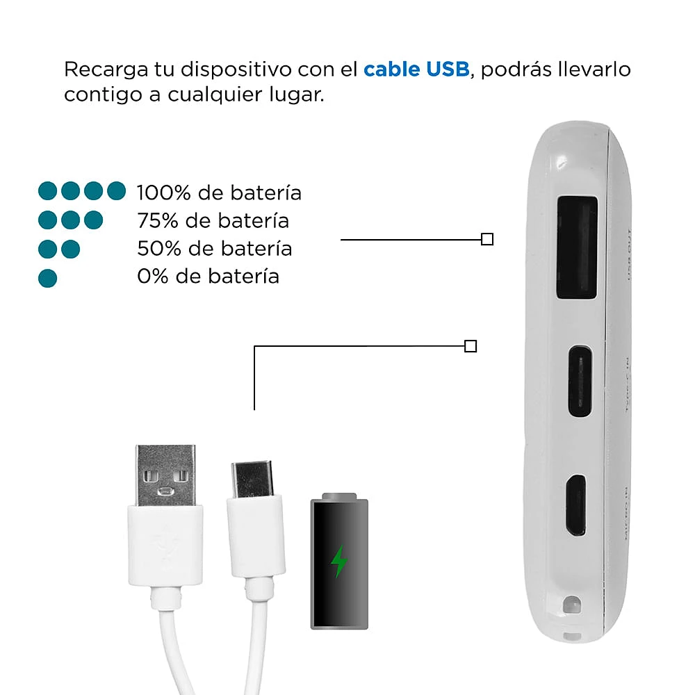 Batería Portátil Power Bank Micro Y Tipo C Blanca 9x6.3x1.2 cm 5000 mAh