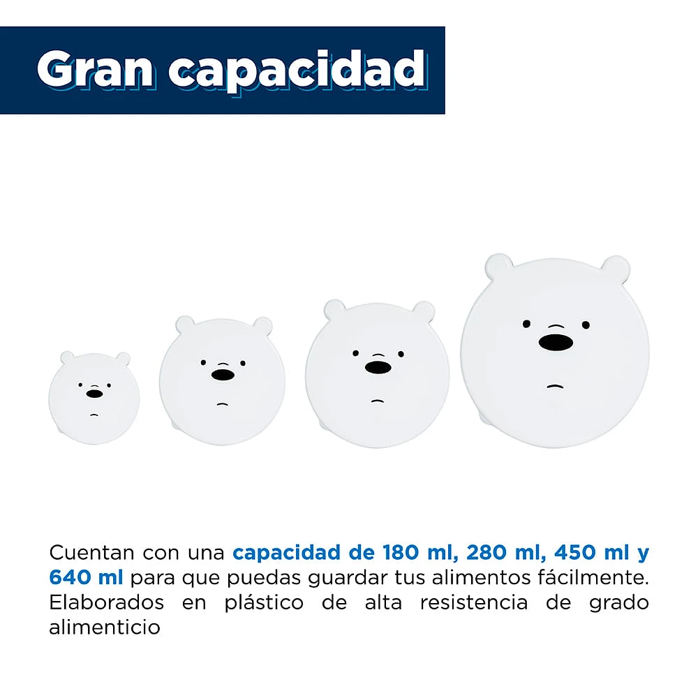 Set De Contenedores De Comida We Bare Bears Polar Blanco 640 ml, 450 ml, 280 ml, 180ml 4 Piezas